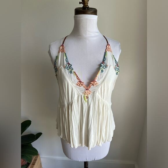 FREE PEOPLE ISLAND TIME FLORAL V NECK TANK TOP IVORY LEATHER STRAPS - Picture 2 of 6